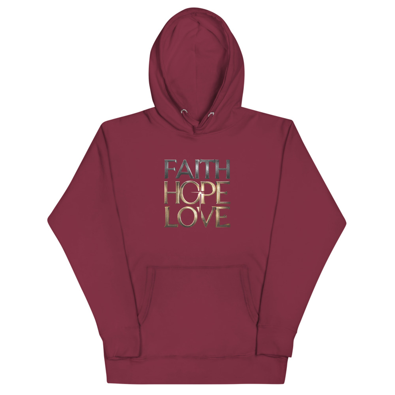 Faith Hope Love Christian Hoodie - 3D Gold Metallic Lettering - Inspirational Bible Verse Apparel - Premium Religious Gift for Men and Women