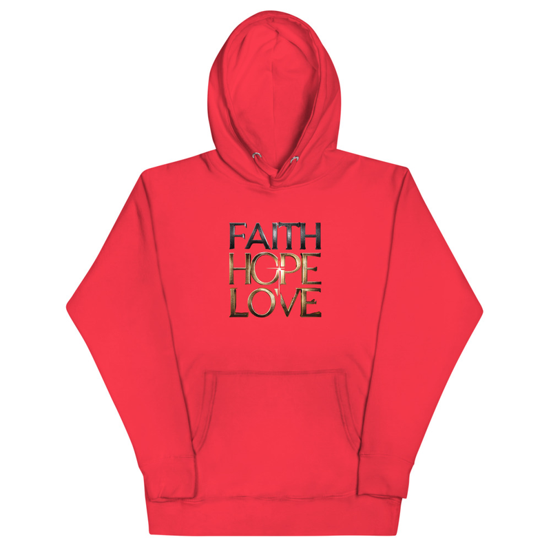 Faith Hope Love Christian Hoodie - 3D Gold Metallic Lettering - Inspirational Bible Verse Apparel - Premium Religious Gift for Men and Women