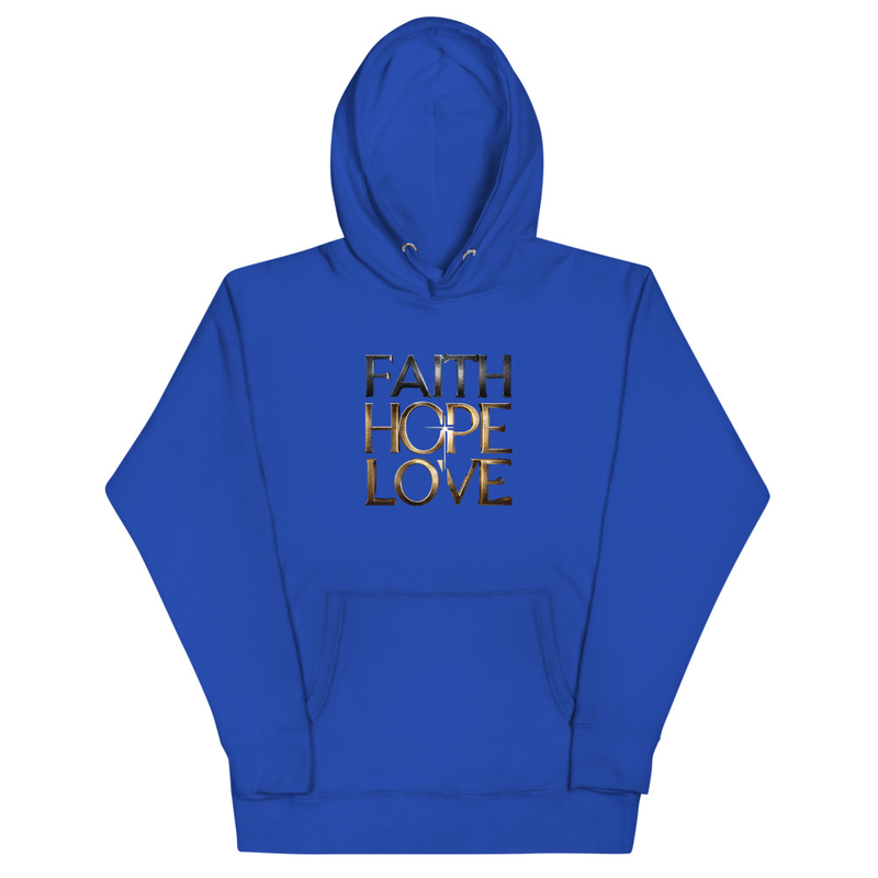 Faith Hope Love Christian Hoodie - 3D Gold Metallic Lettering - Inspirational Bible Verse Apparel - Premium Religious Gift for Men and Women