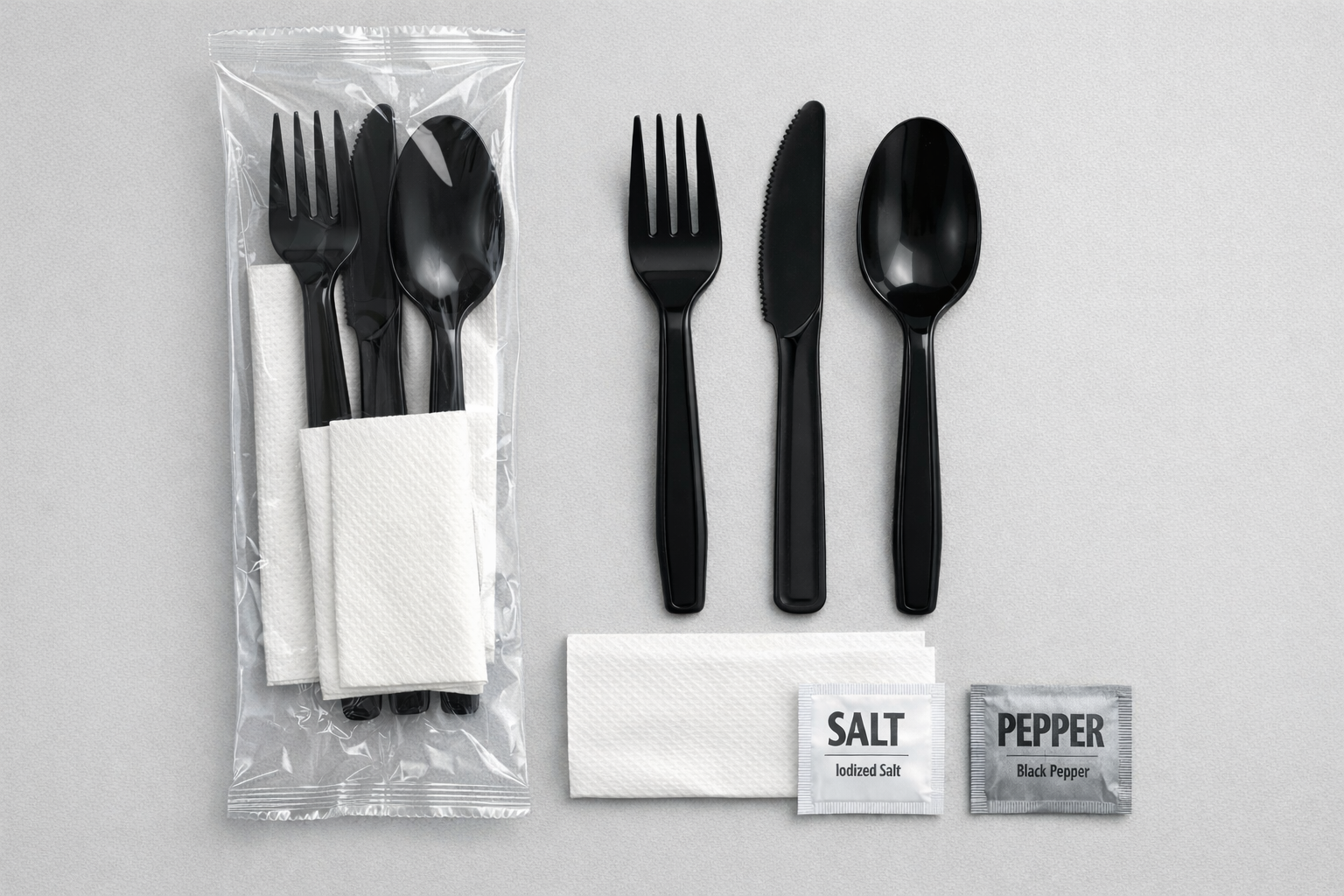 Black Wrapped Polypropylene Plastic Cutlery Set with Napkin and Salt and Pepper Packets - 500/Case