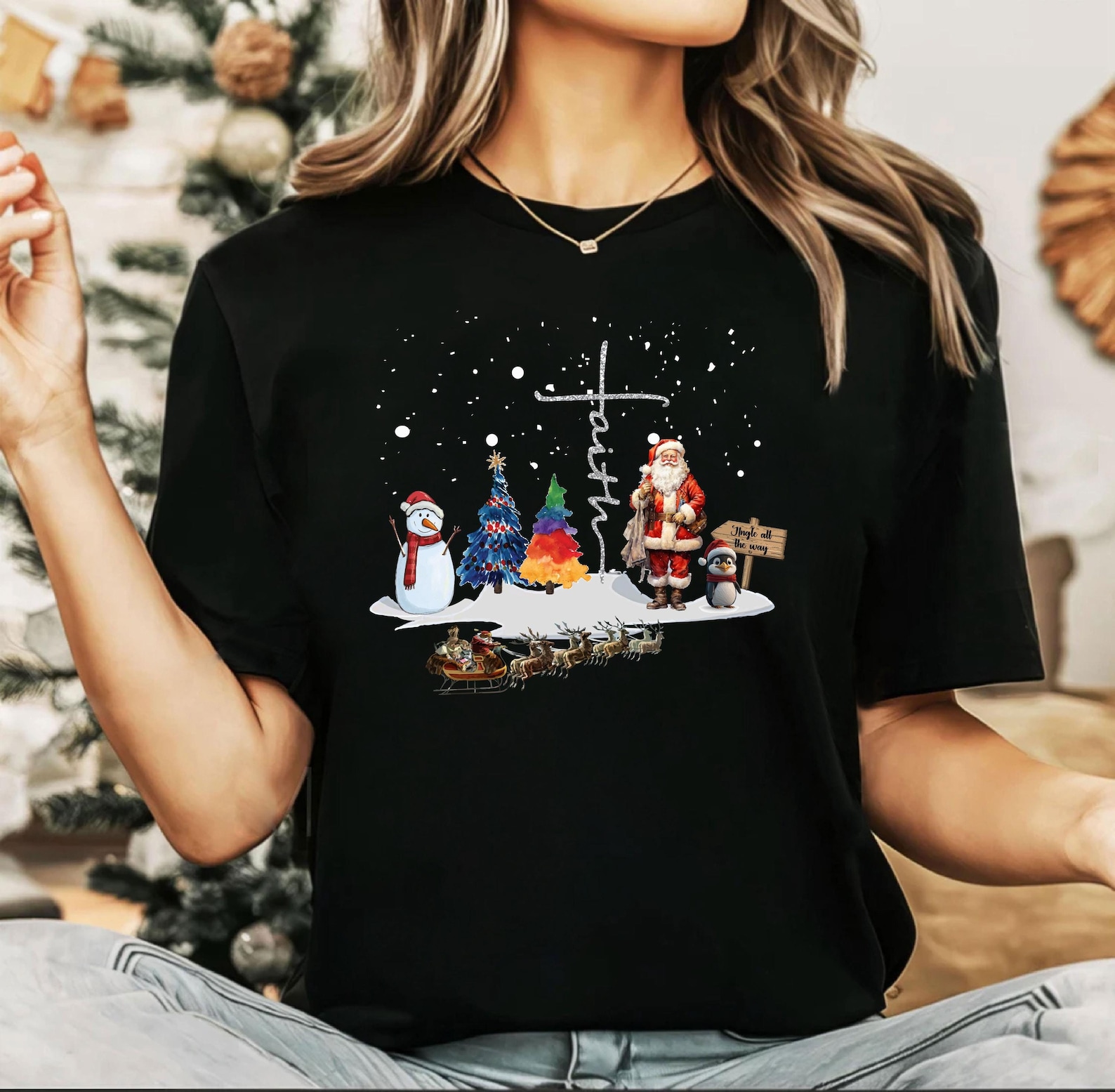 Christmas T-shirt, Christmas Lights Shirt, Christmas Family Top, Holiday Gift, Christmas Family Matching Shirt, Santa, Faith