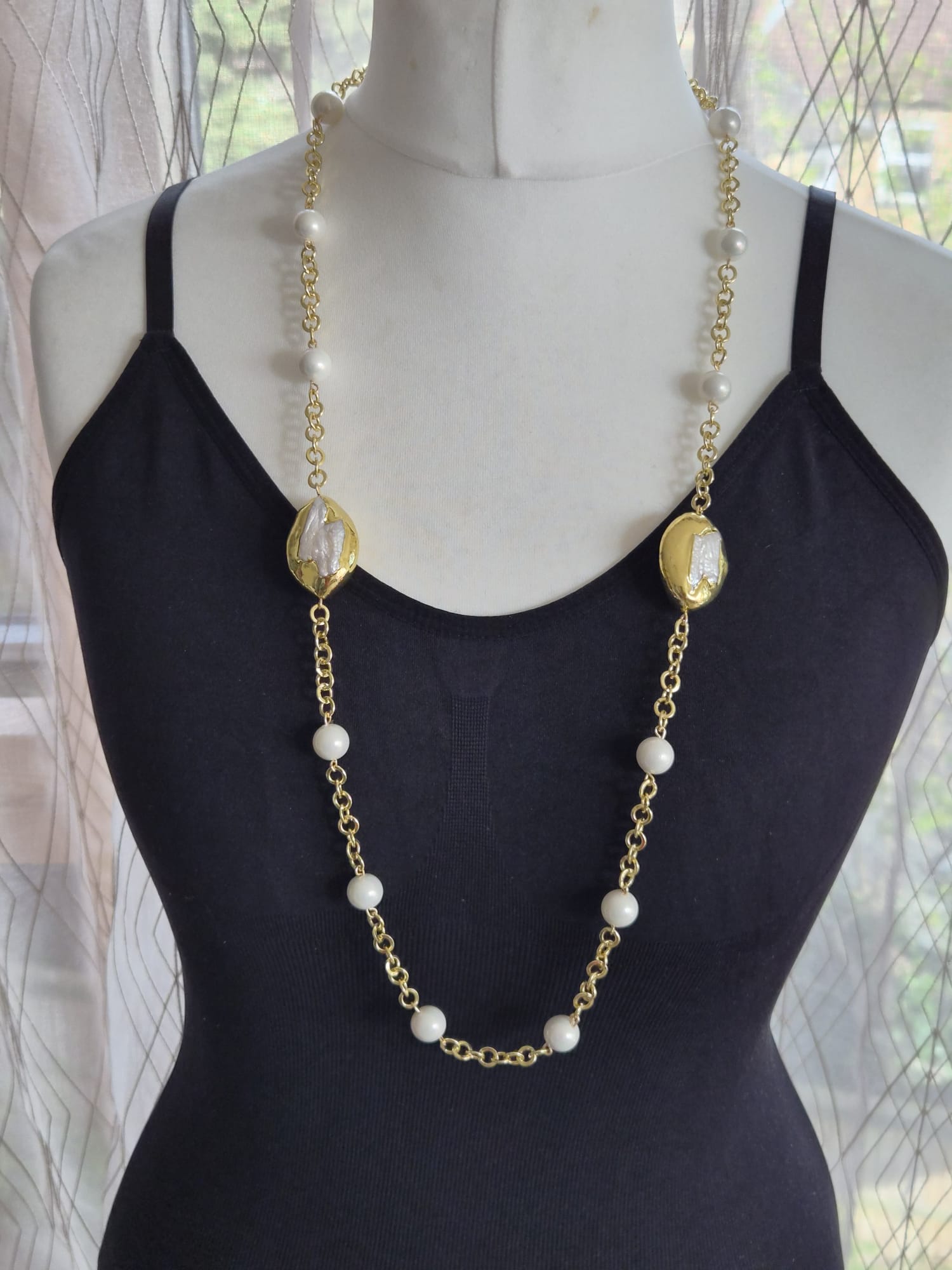 Elegant Gold & Pearl Long Necklace