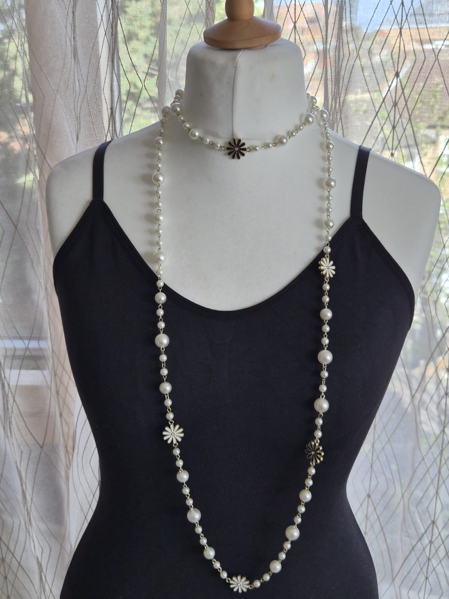 Pearl Long Necklace with Floral Accents