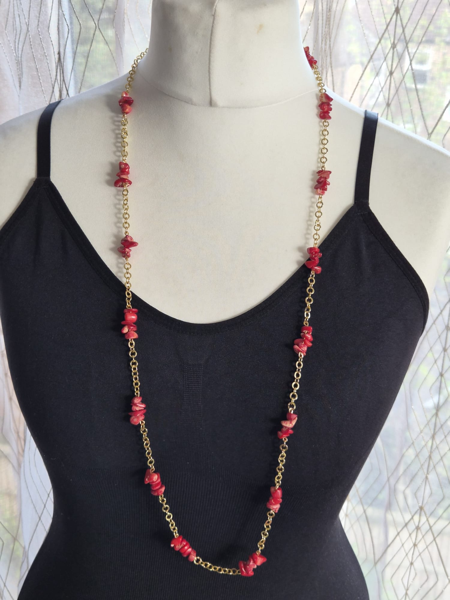 Gold Chain Necklace with Red Beads