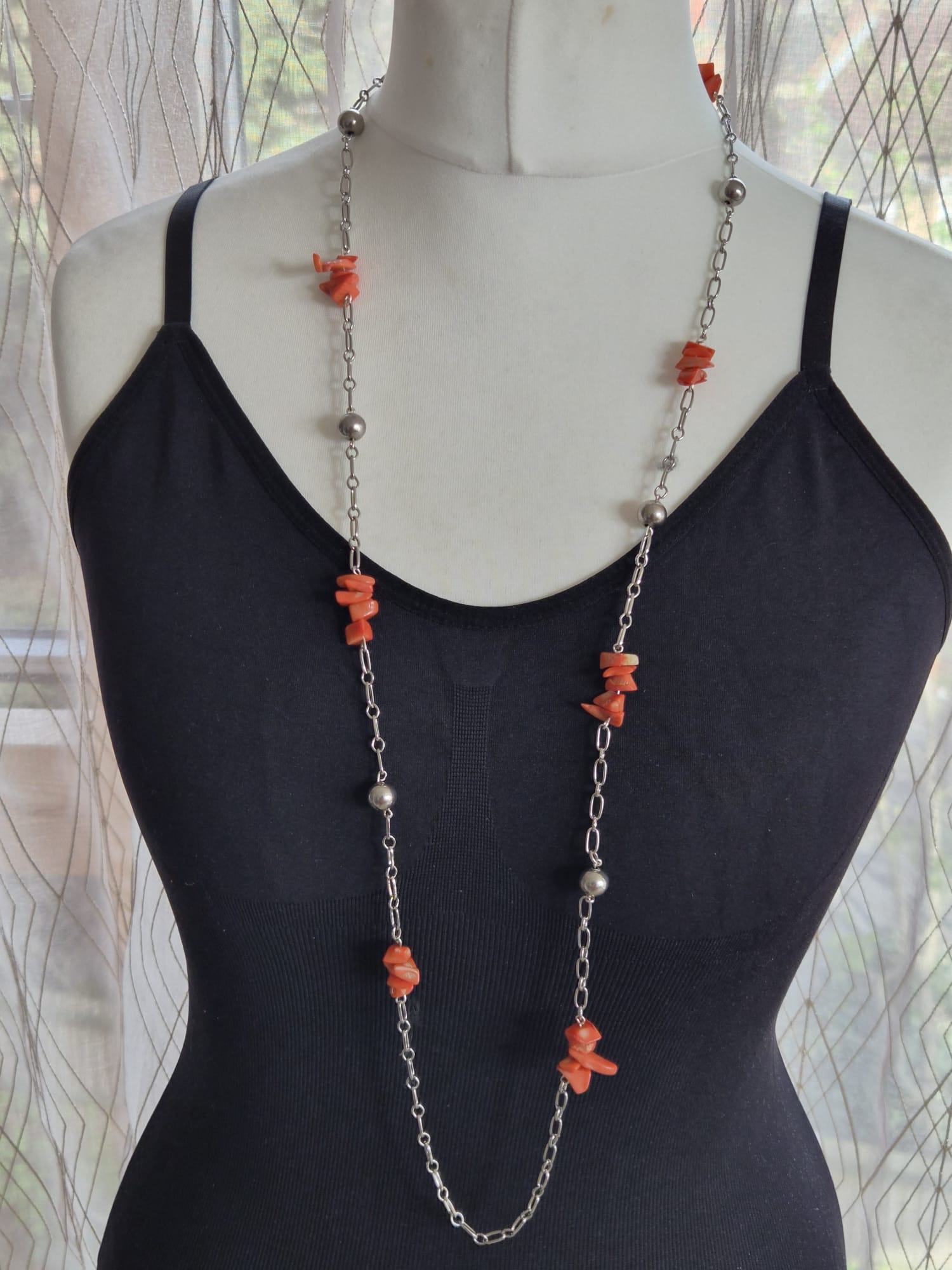 Coral & Silver Long Necklace