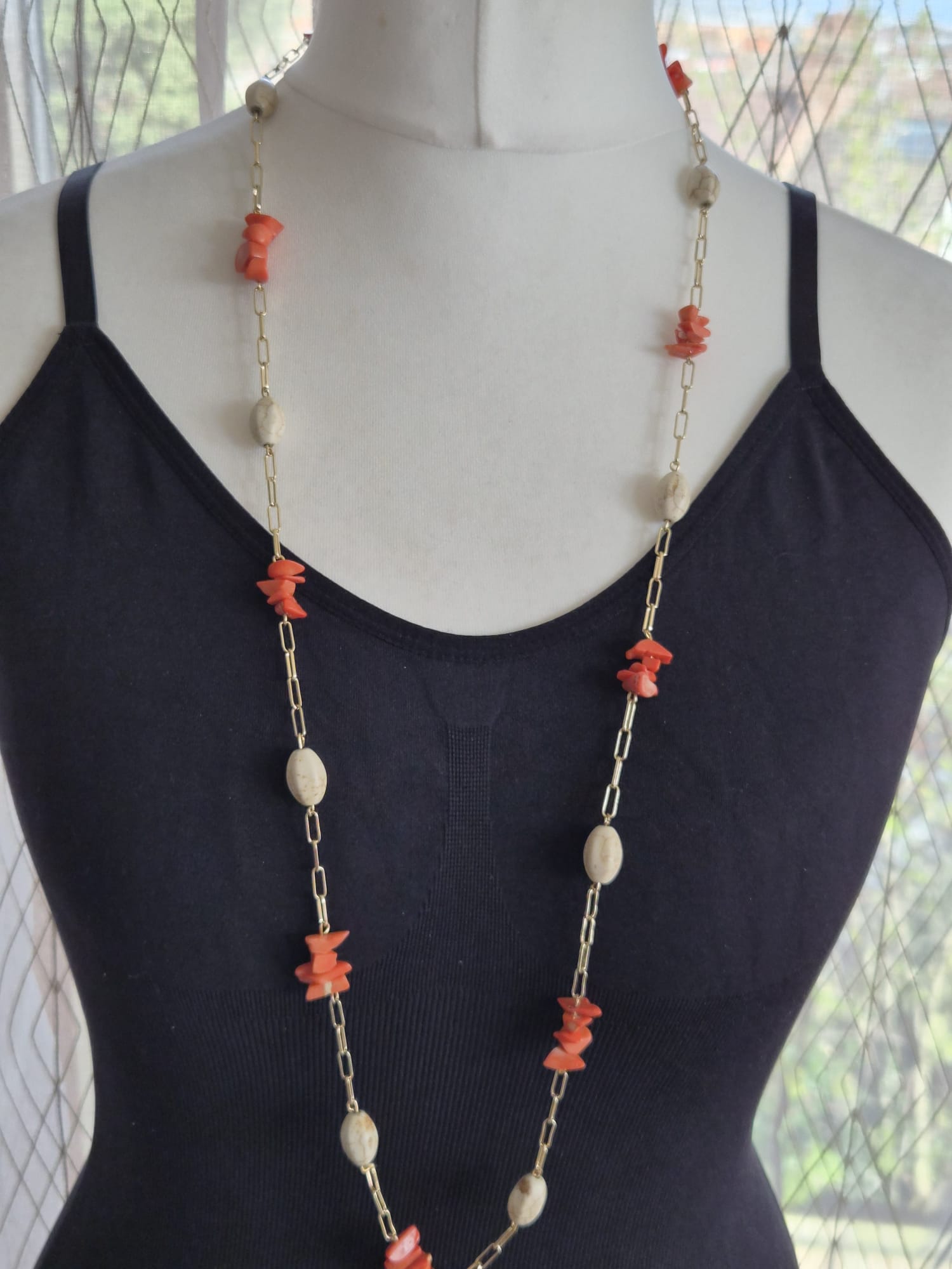 Long Coral & Shell Bead Necklace