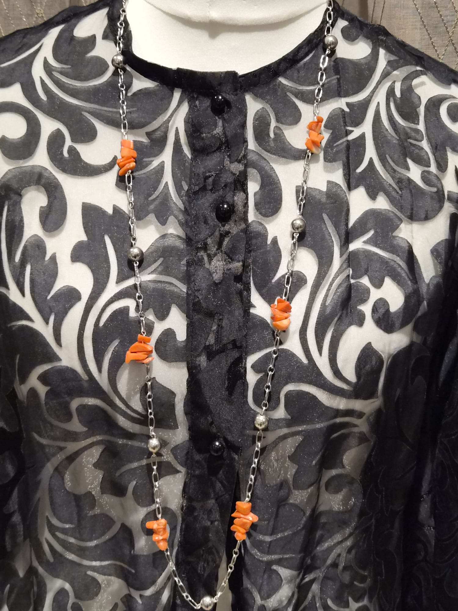 Silver Chain Necklace with Orange Beads