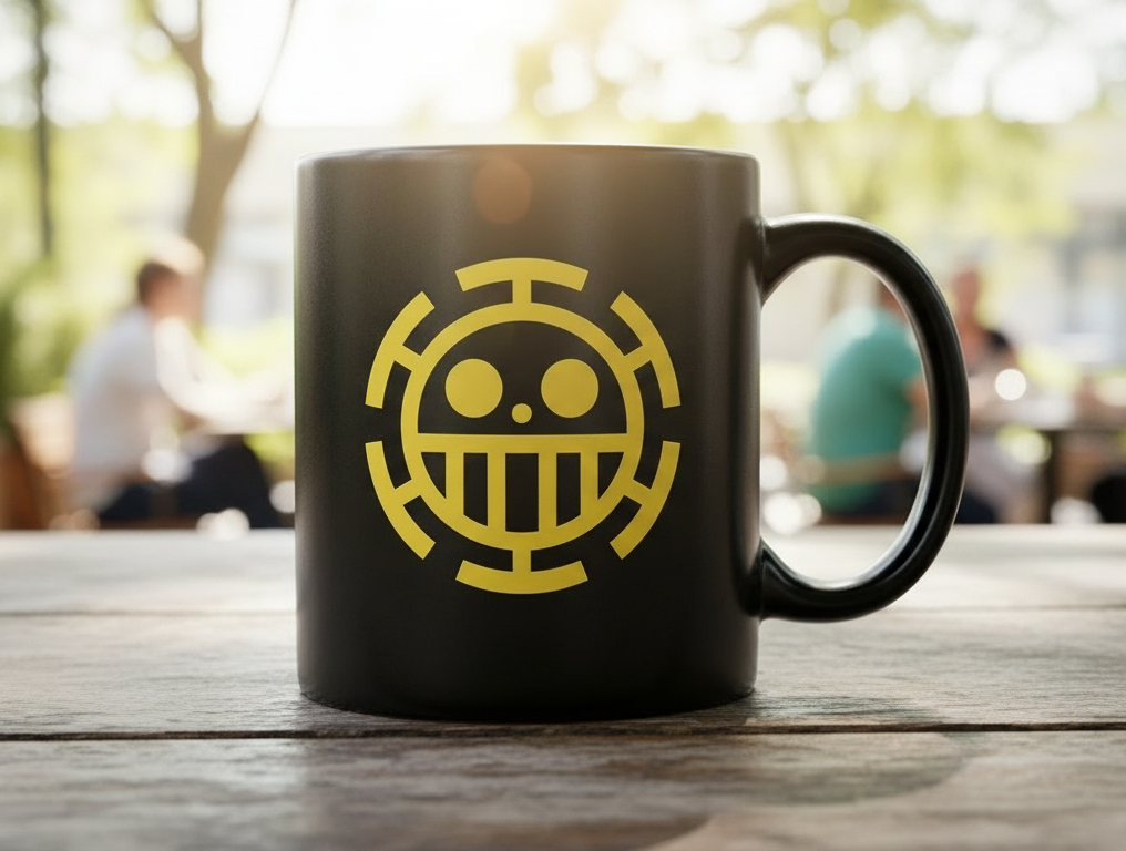 Trafalgar D. Law Ceramic Mug - Heart Pirates Jolly Roger Coffee Cup - Black 330ml