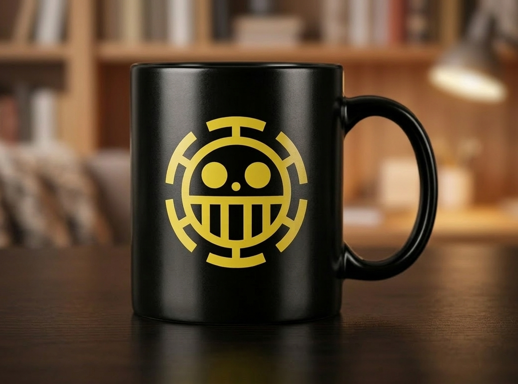 Trafalgar D. Law Ceramic Mug - Heart Pirates Jolly Roger Coffee Cup - Black 330ml
