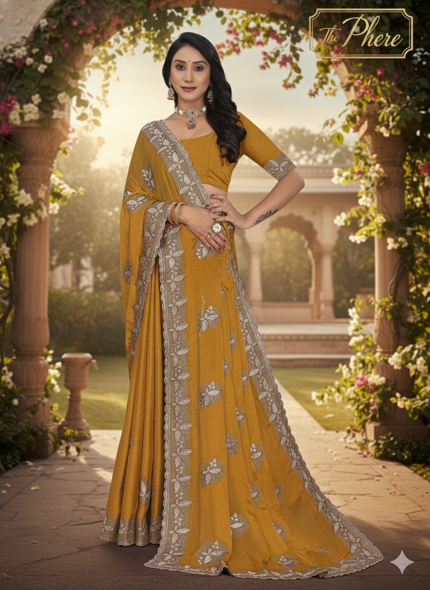 Mustard Yellow Embroidered Saree