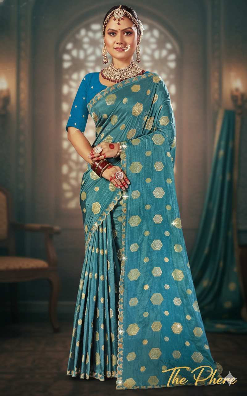 Teal Golden Polka Silk Saree