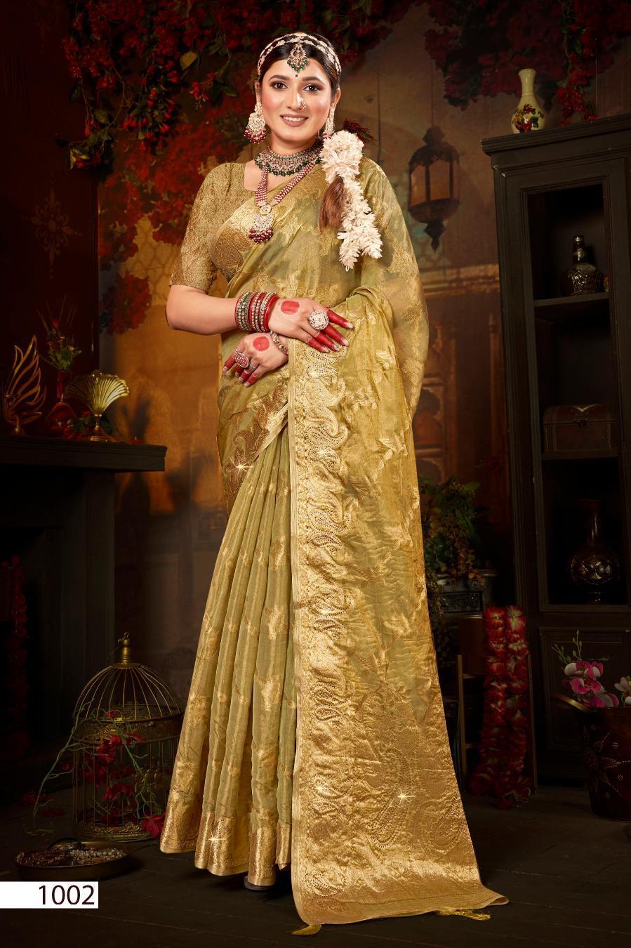 Luxurious Green Organza Silk Saree with Intricate Gold Zari Weaving | Party Wear & Wedding Collection