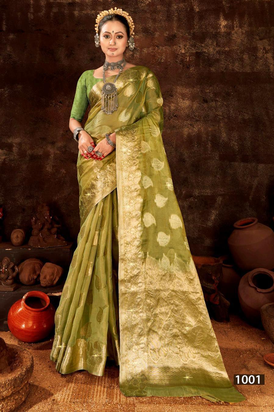 Luxurious Green Organza Silk Saree with Intricate Gold Zari Weaving | Party Wear & Wedding Collection