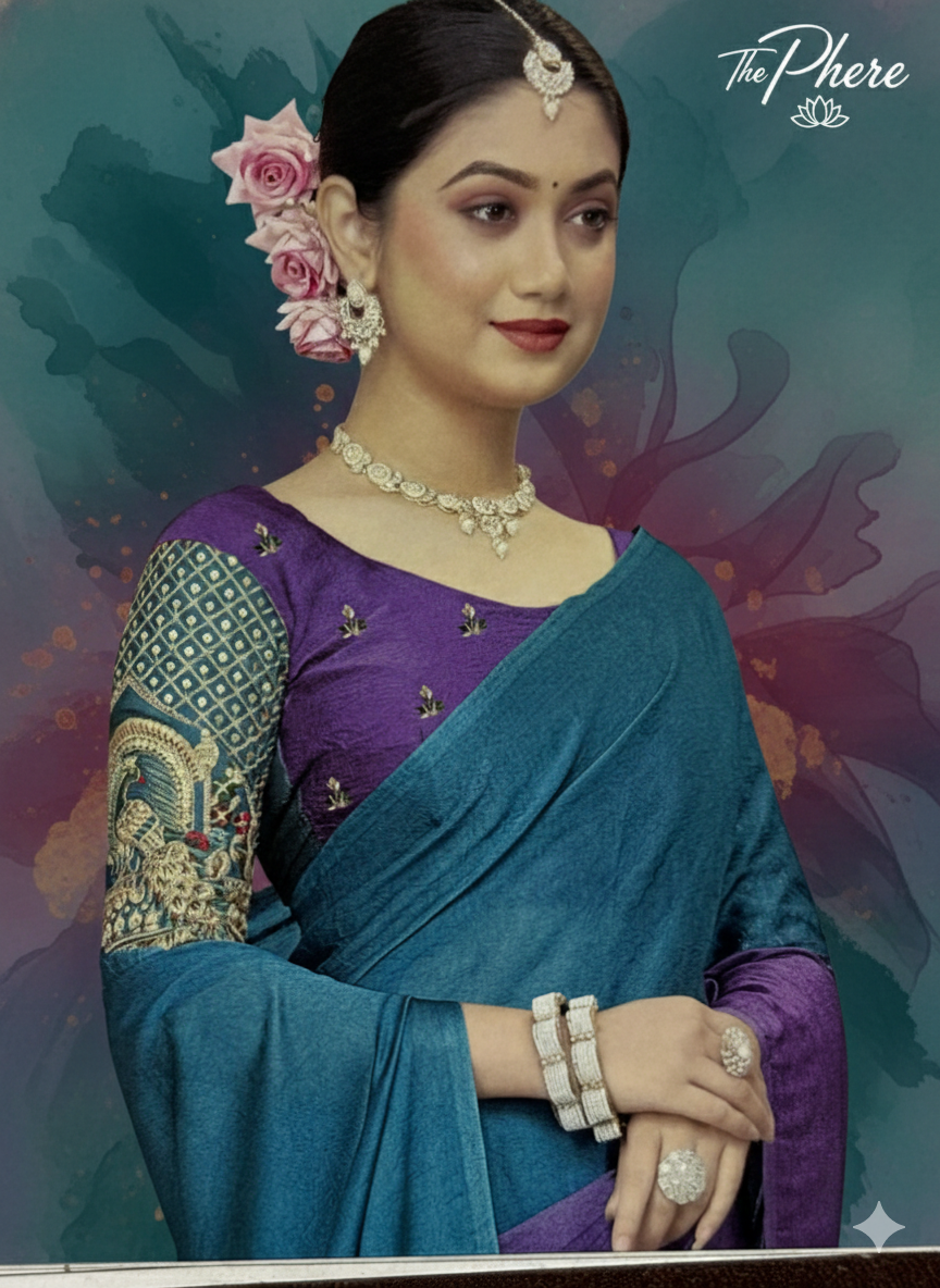 Teal Blue & Purple Embroidered Saree