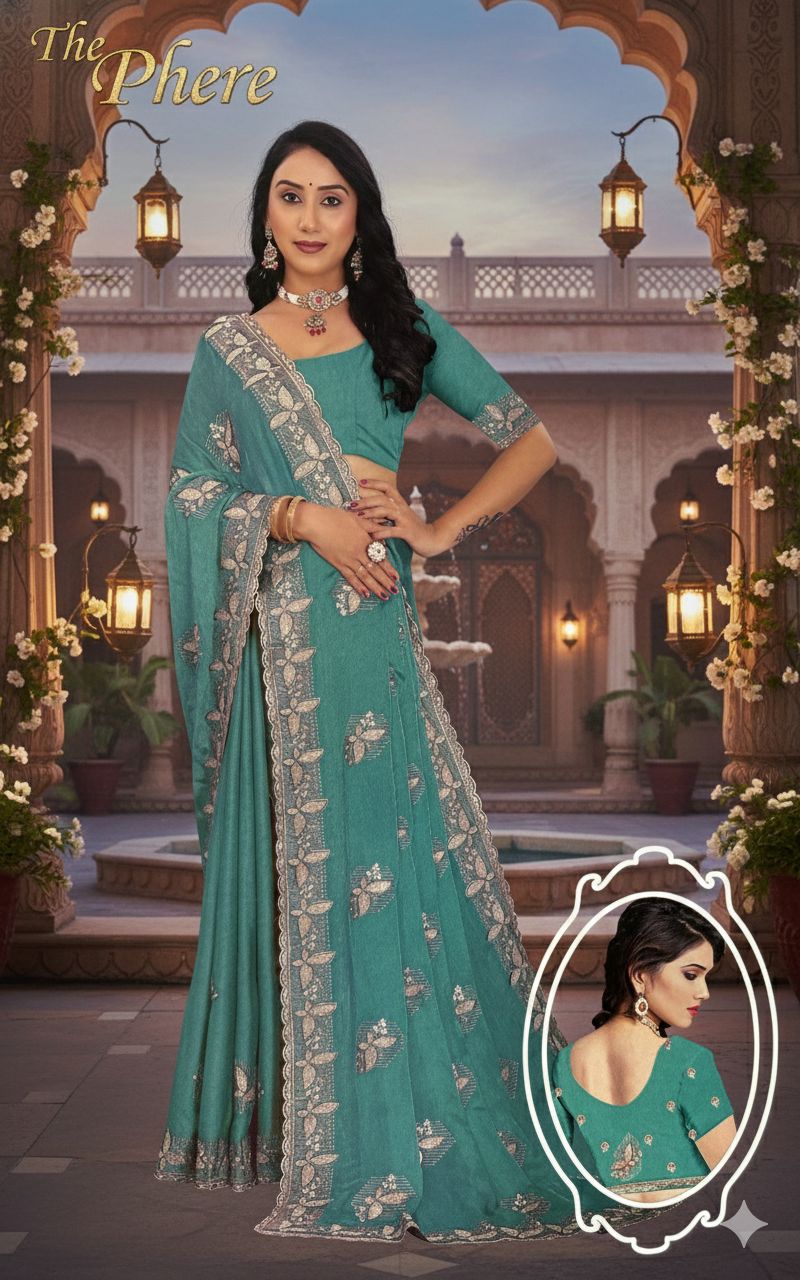 Turquoise Embroidered Saree