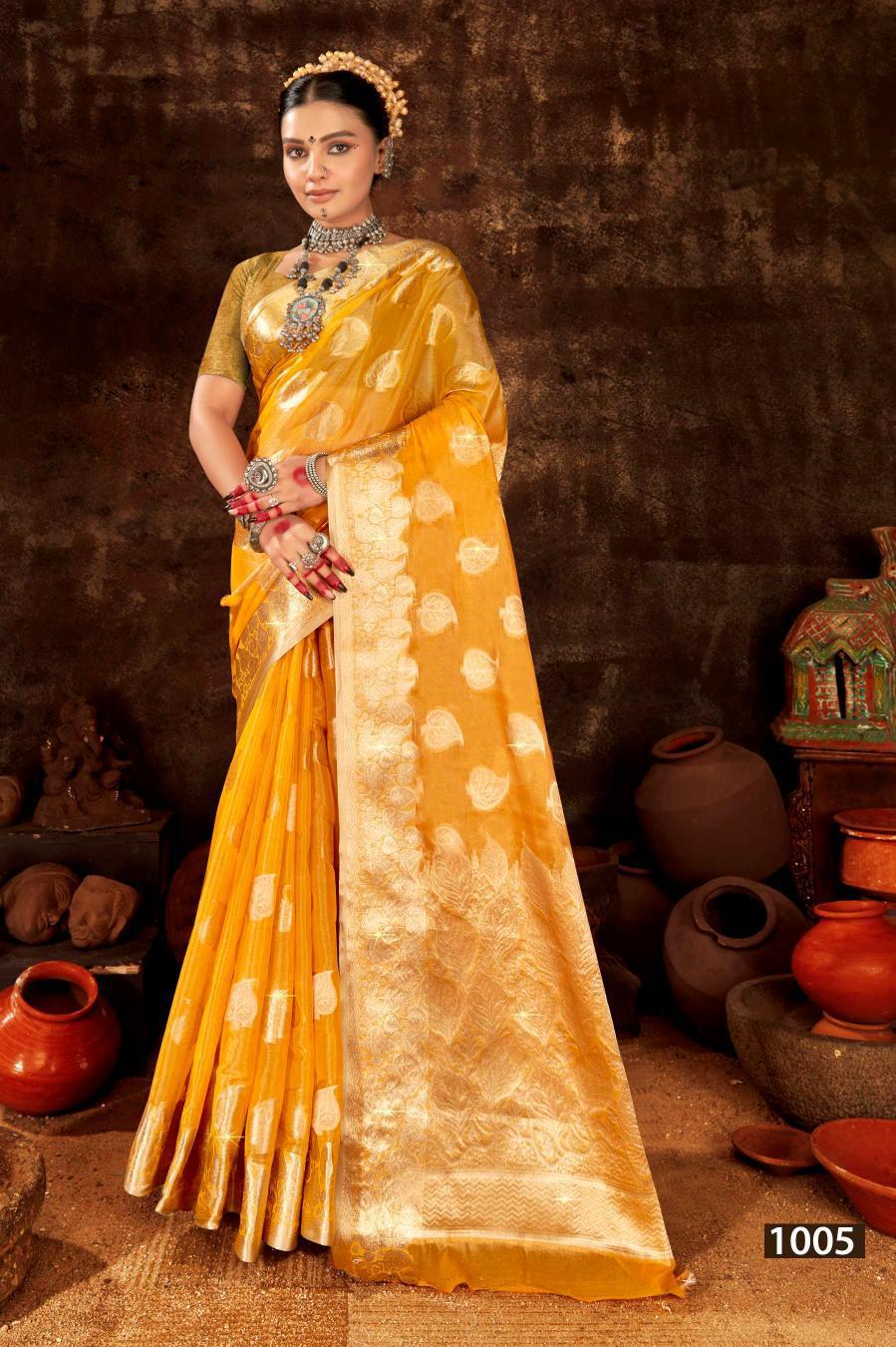 Luxurious Yellow Organza Silk Saree with Intricate Gold Zari Weaving | Party Wear & Wedding Collection