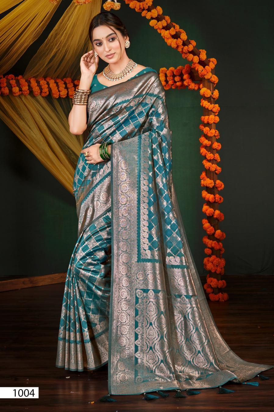 Elegant Teal Silver Woven Saree