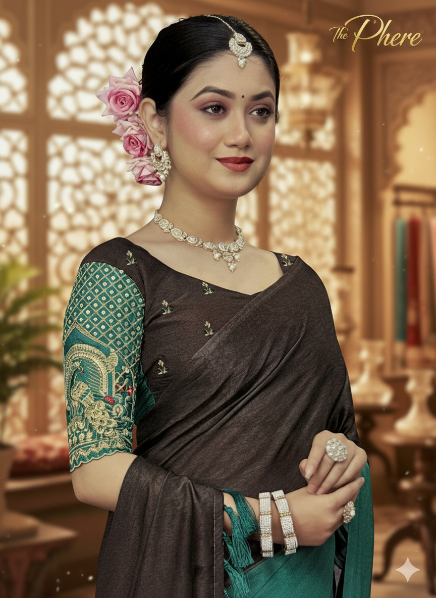 Elegant Brown & Teal Silk Saree