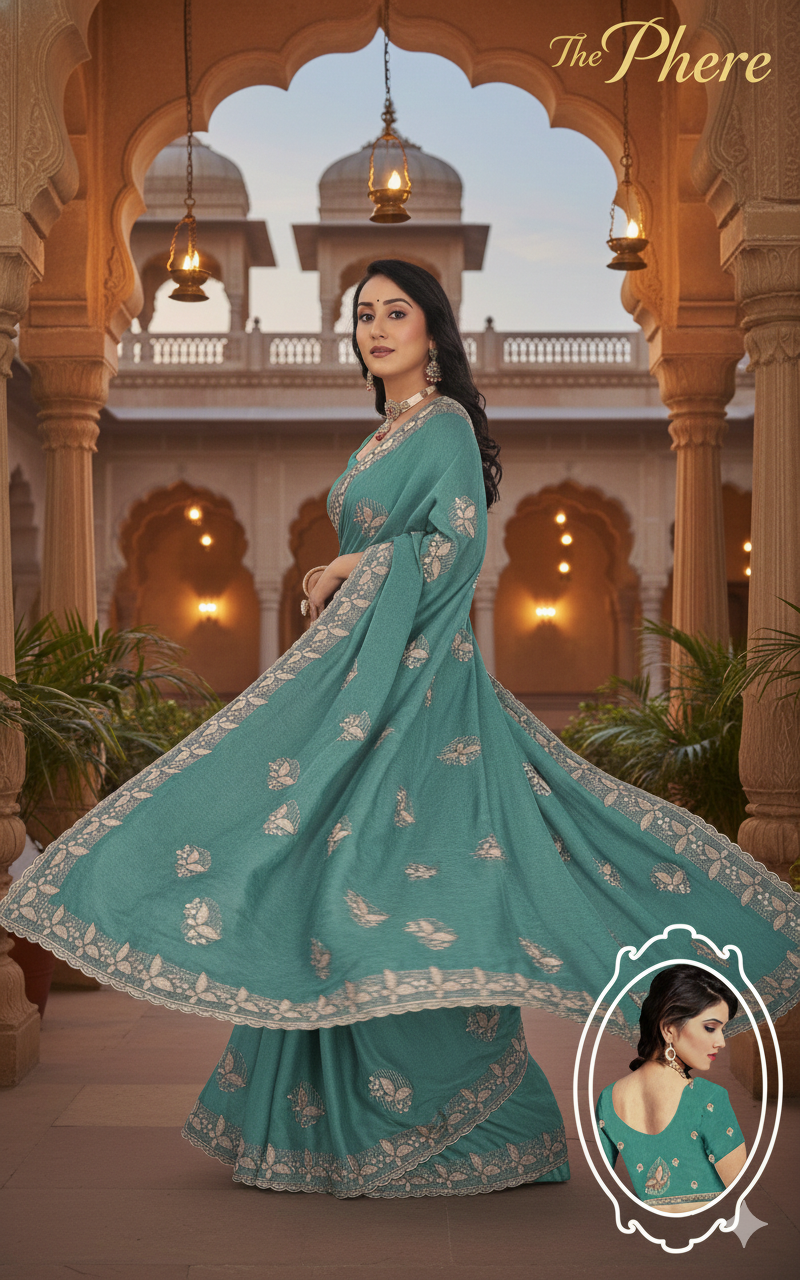 Turquoise Embroidered Saree