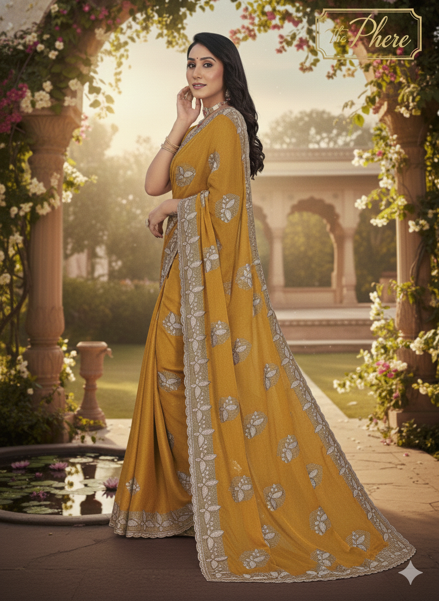 Mustard Yellow Embroidered Saree