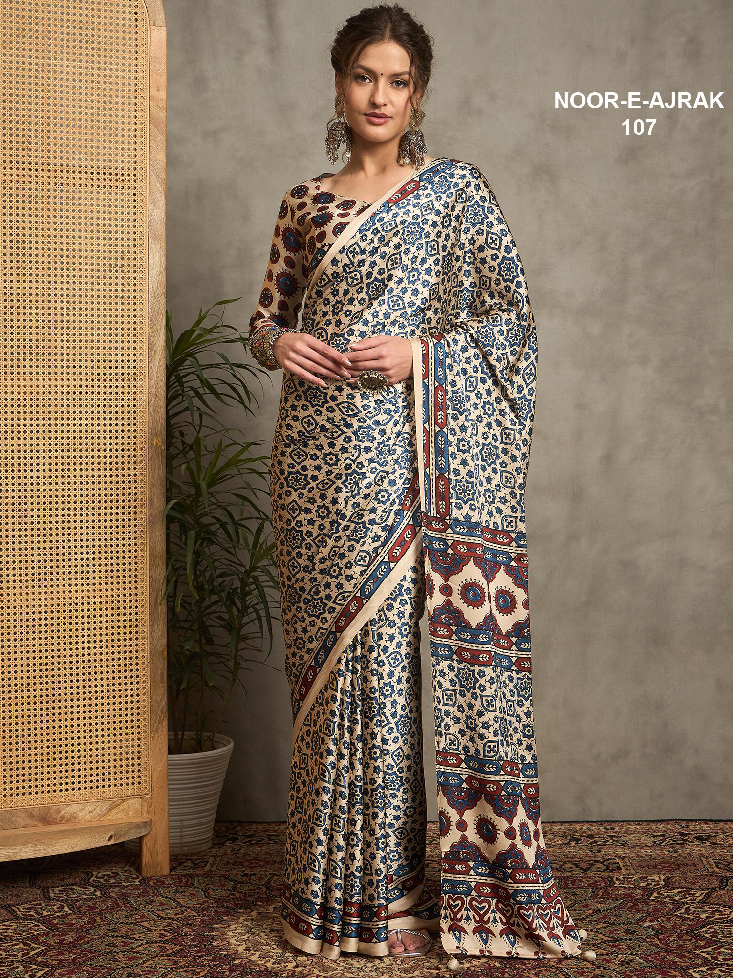  Blue & Cream Modal Silk Saree - Traditional Kutch Ajrakh Block Print | Lightweight Party Wear