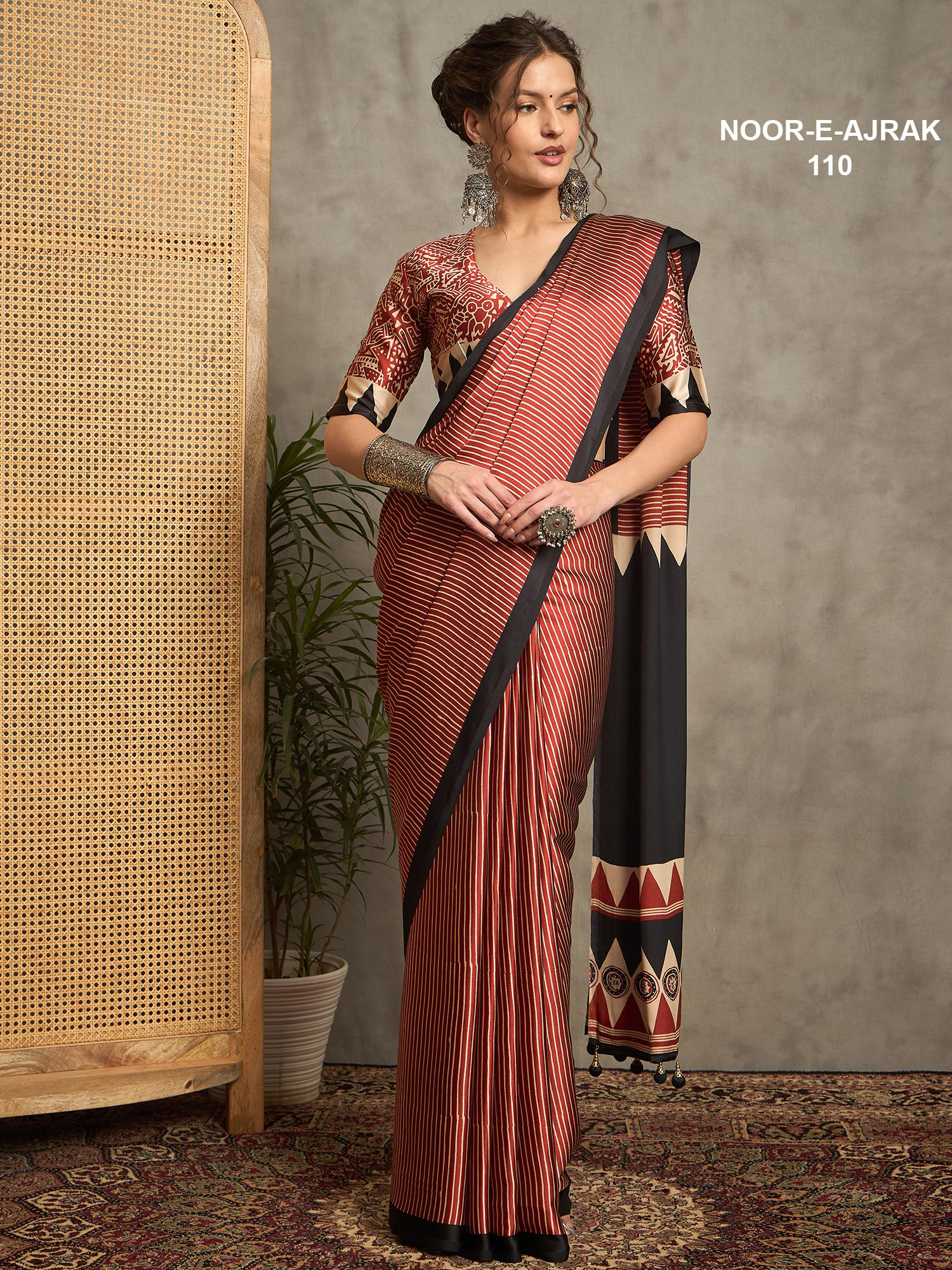 Designer Maroon Modal Silk Saree | Modern Striped Print with Traditional Black Border