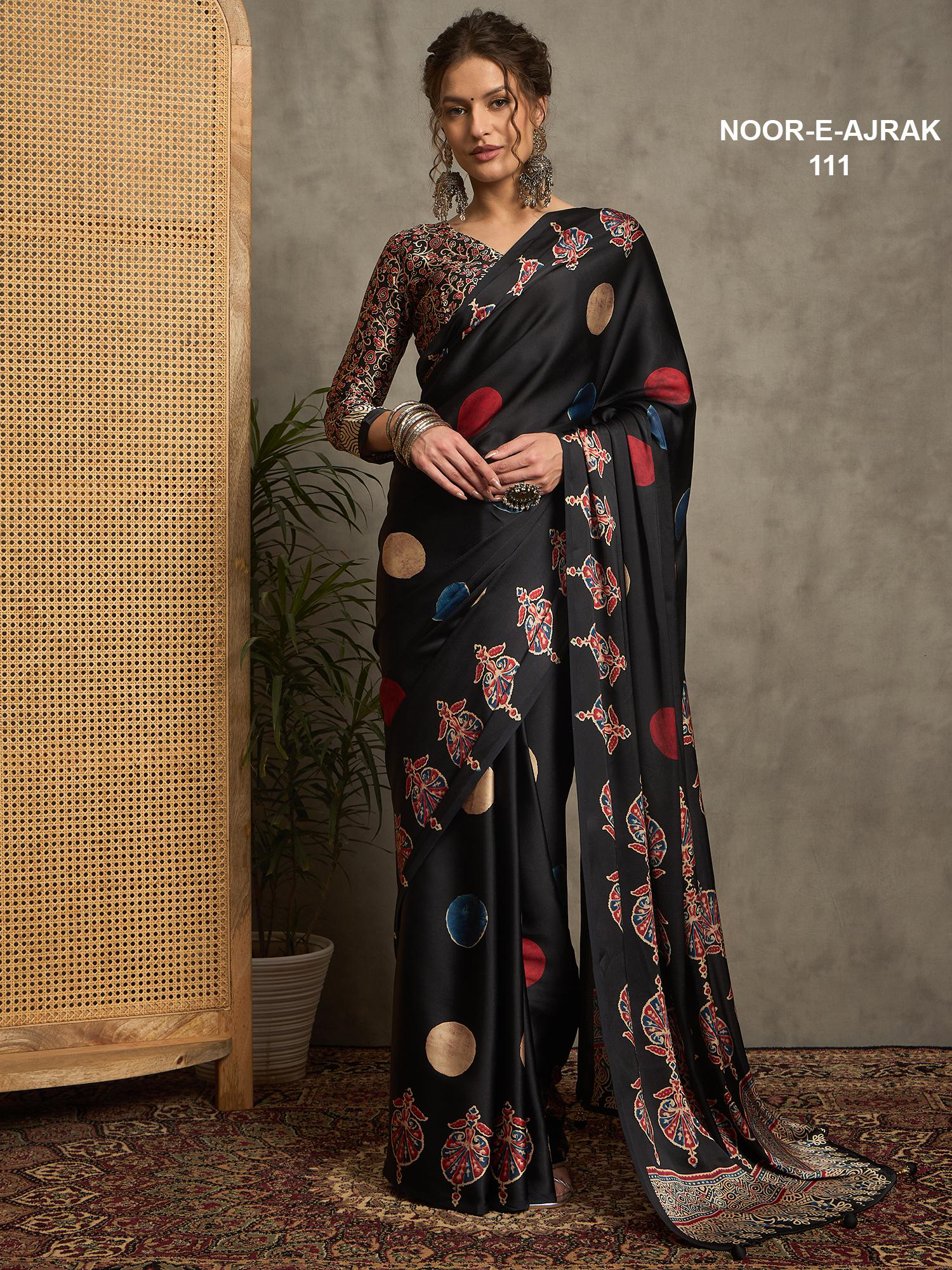 Premium Modal Silk Black Saree | Lightweight & Lustrous with Ajrakh Fusion Print