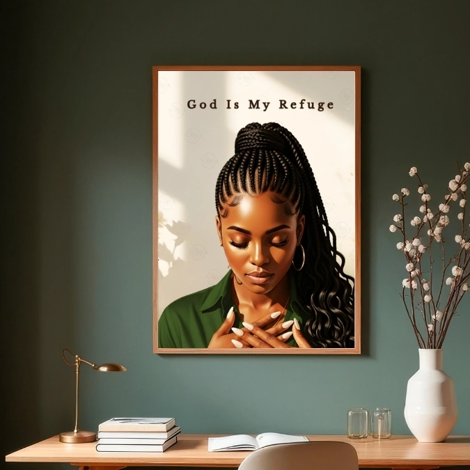 God Is My Refuge — Black Woman Faith Art — Digital Art Print