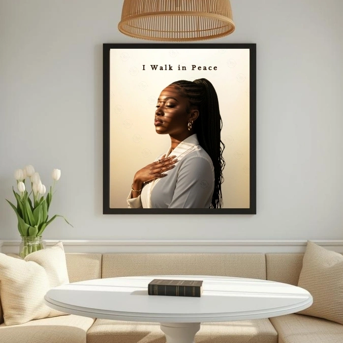I Walk in Peace | Black Woman Faith Art | John 14:27 Scripture Wall Art Print | Nana Faith Art — Digital Art Print