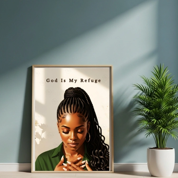 God Is My Refuge — Black Woman Faith Art — Digital Art Print