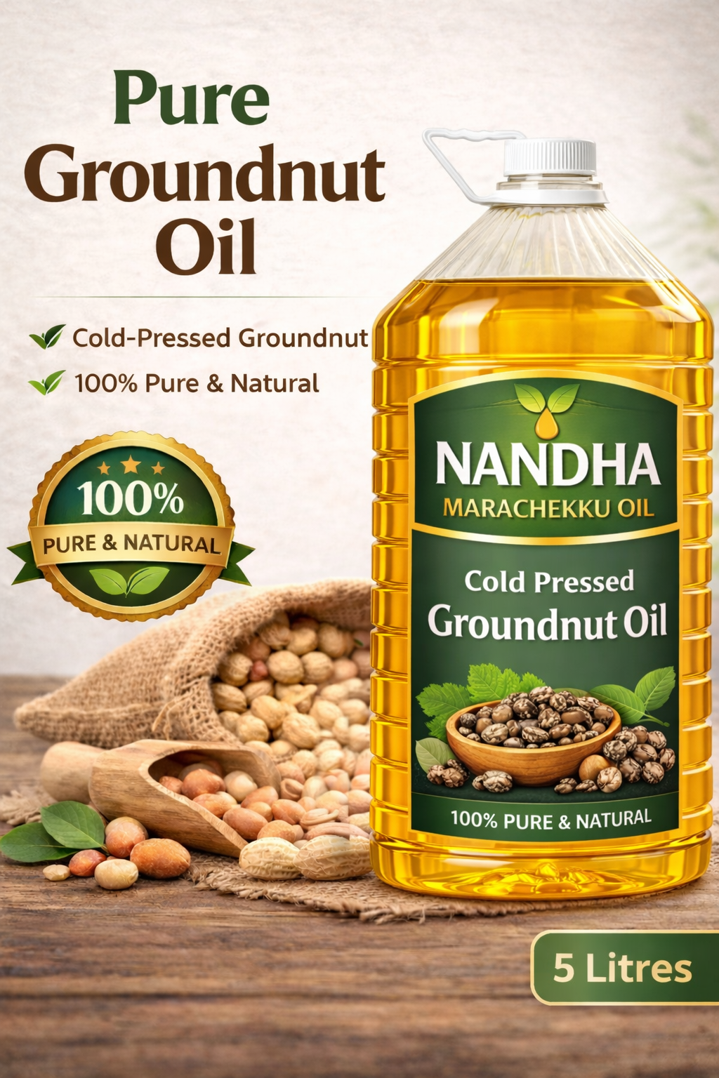 Wood-Pressed Pure Groundnut Oil – 5 Litres