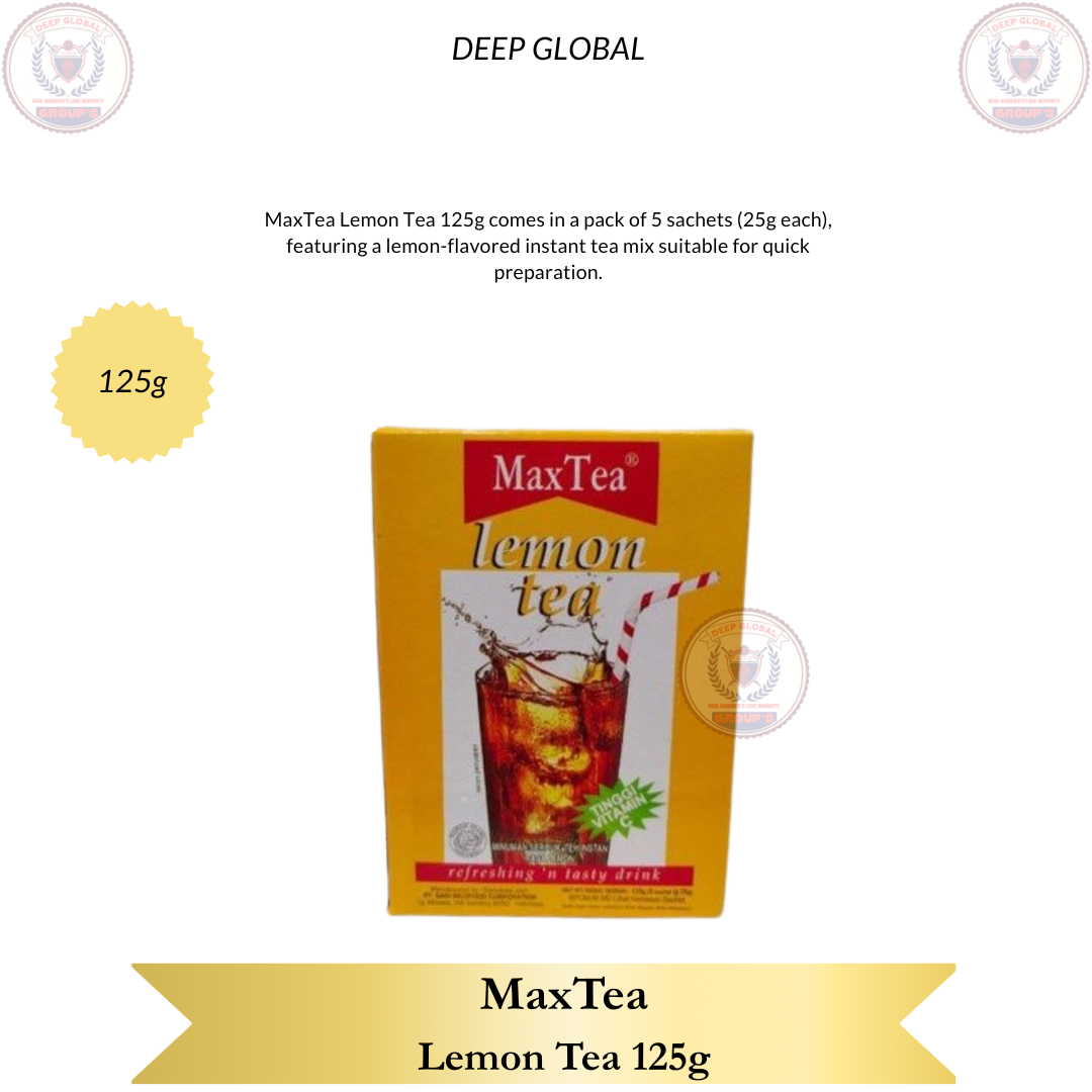 MaxTea Lemon Tea 125g - Pack of 5 Sachets 25g Each Instant Tea Mix with Natural Lemon Flavor and Vitamin C for Quick Preparation