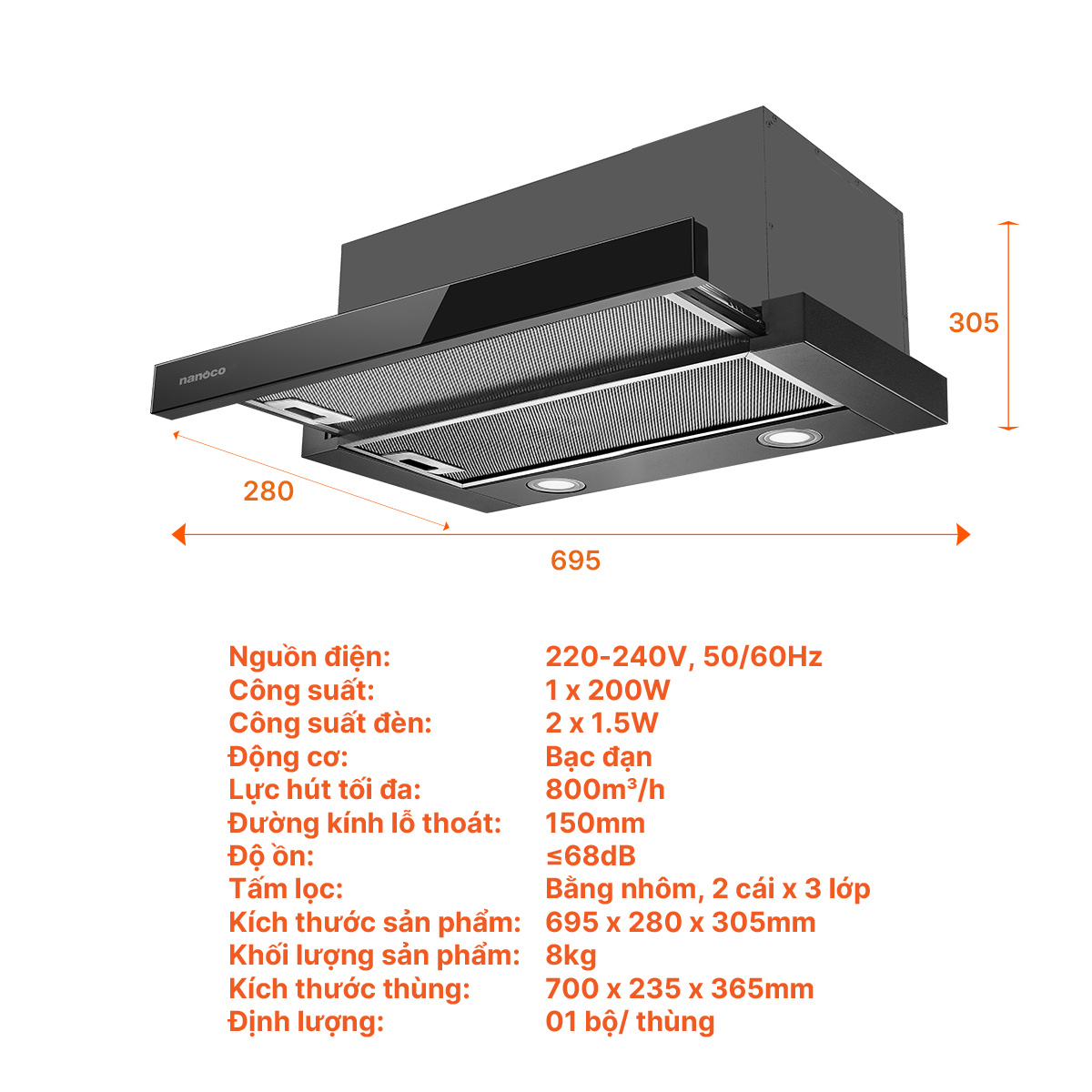 Hút mùi âm tủ, 70 cm, hút mùi NRH701B