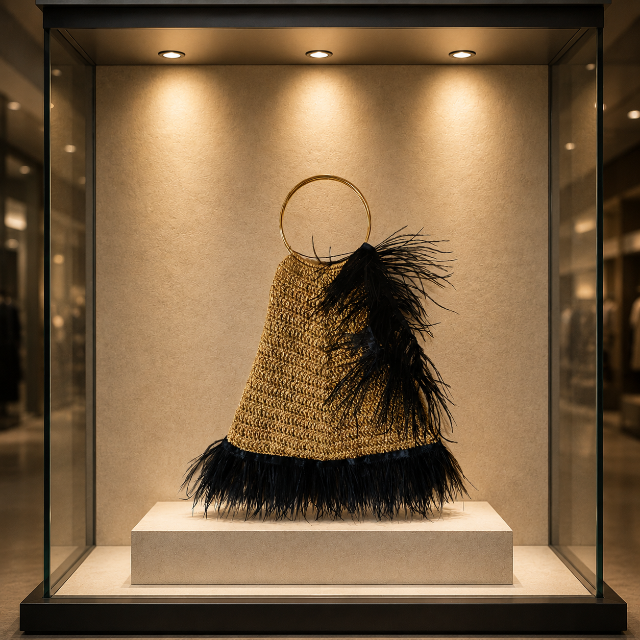 Bolso Trapecio Dorado y Plumas