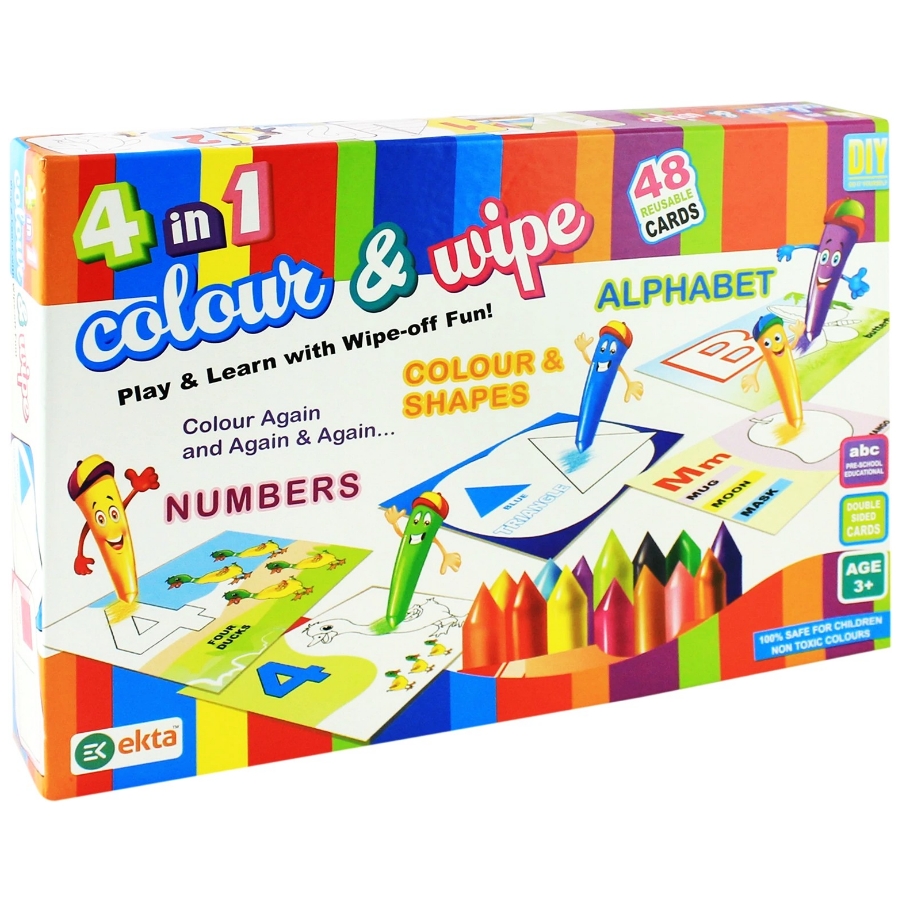 Ekta 4 in 1 Colour & Wipe Kit – 48 Reusable Double-Sided Cards for Kids – Educational Learning Set for Alphabets, Numbers, Shapes & Colours – Includes Crayons & Duster – Ages 3 to 6 Years