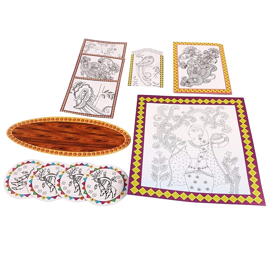 Ekta Madhubani Art DIY Kit for Kids – Traditional Indian Folk Art Painting Set – Create 3D Ganesha, Sun & Moon Figures – Includes Wall Hanging, Coasters & Picture Frame – Cultural Craft Gift for Ages 5+