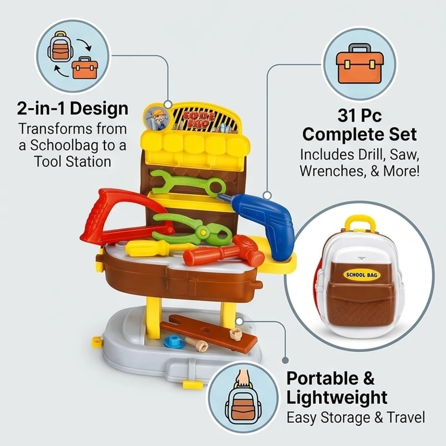 Mamma Mia 31 Pcs Tool Kit School Bag Toy – Kids Convertible Pretend Mechanic Backpack with Toy Wrench & Hammer (Ages 3+)