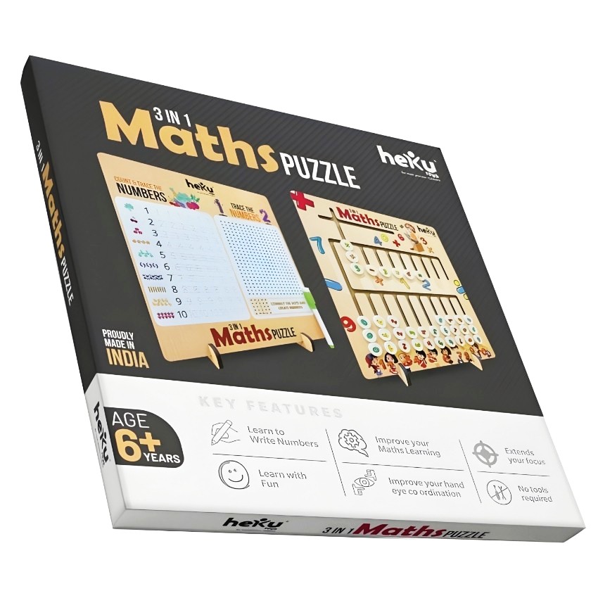 heKu 3-in-1 Wooden Maths Puzzle – Montessori Educational Toy for Toddlers – Counting, Number Recognition & Basic Arithmetic Set – Safe & Non-Toxic – Ages 6+ Years