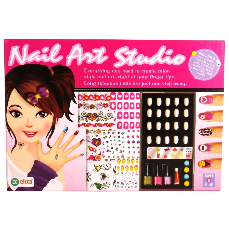 Ekta Nail Art Studio Kit for Girls – Complete DIY Salon Set with 3 Nail Polishes, Artificial Nails & Sparkly Stickers – Non-Toxic & Safe Beauty Toy for Kids – Creative Gift for Ages 8 to 12 Years