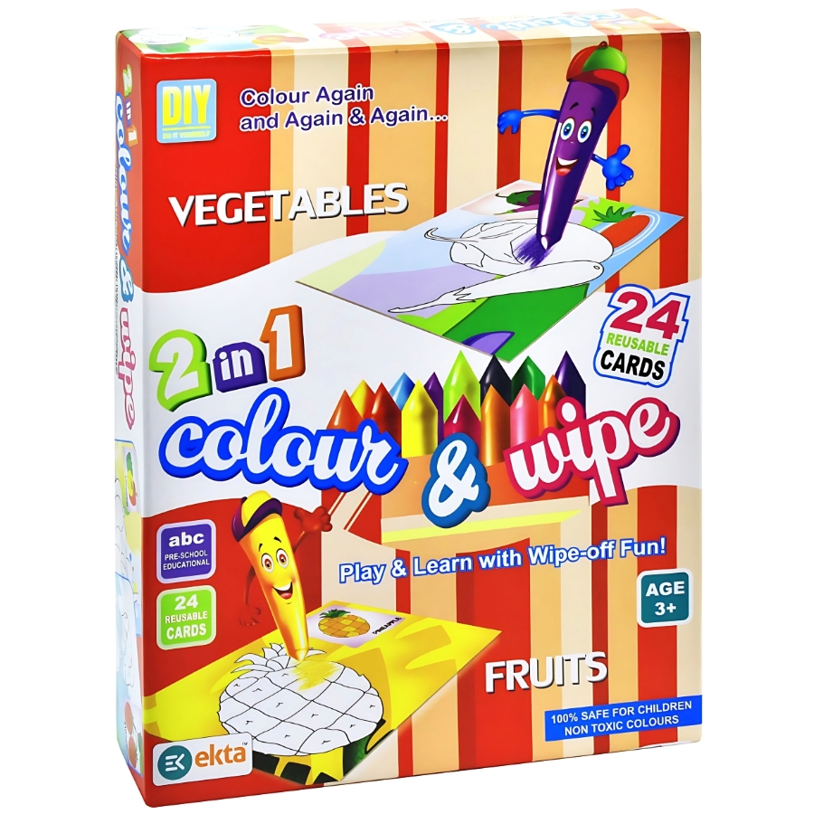 Ekta 2-in-1 Colour & Wipe Fruits & Vegetables – 24 Reusable Cards with 12 Crayons & Duster – Educational Preschool Picture-Word Recognition Game – Mess-Free Sensory Toy for Kids Ages 3+