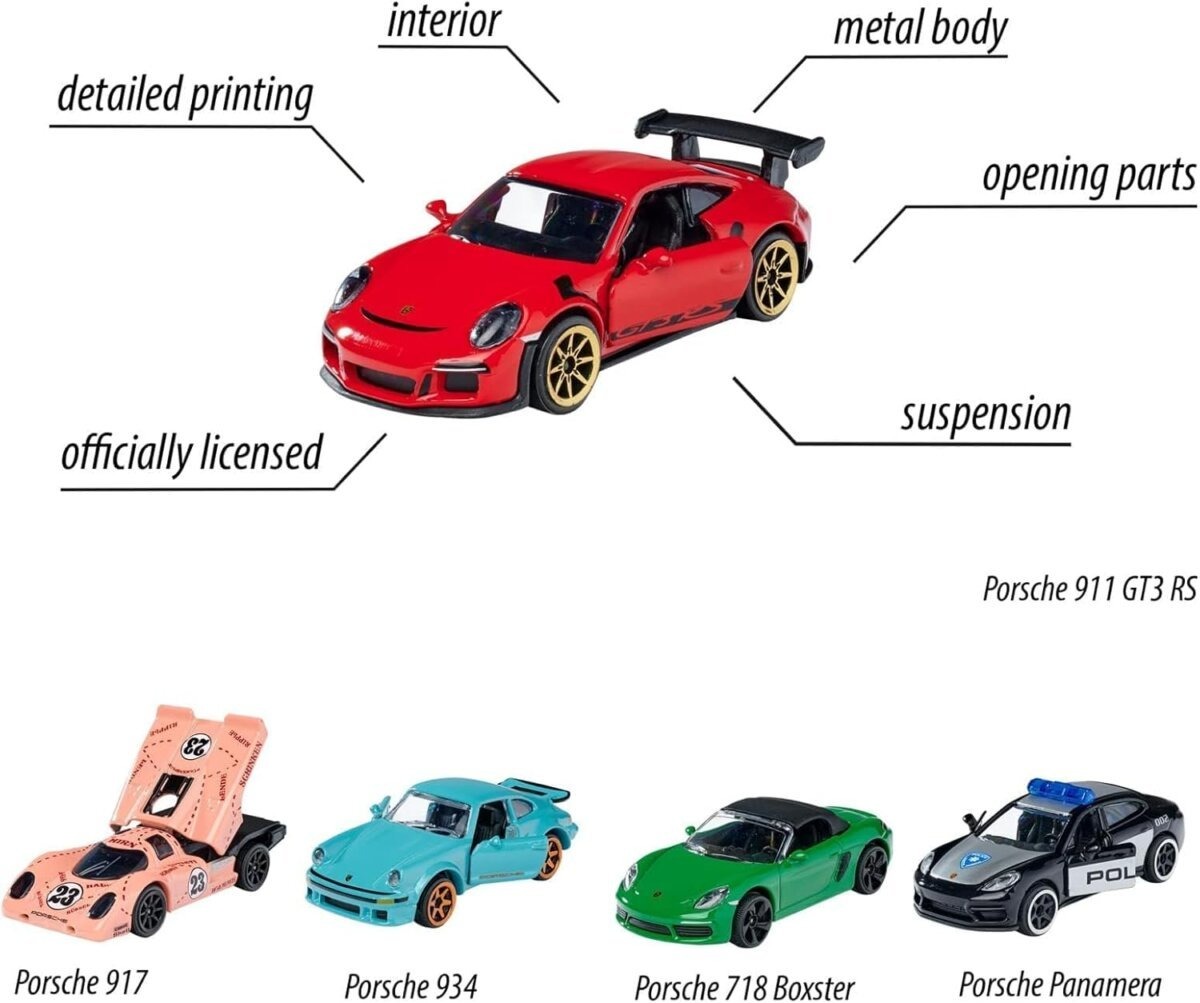 Majorette Porsche Toy Car Gift Set (Pack of 5) - 1:64 Scale Premium Diecast Racing Cars for Kids & Collectors - Features Moving Parts & Suspension