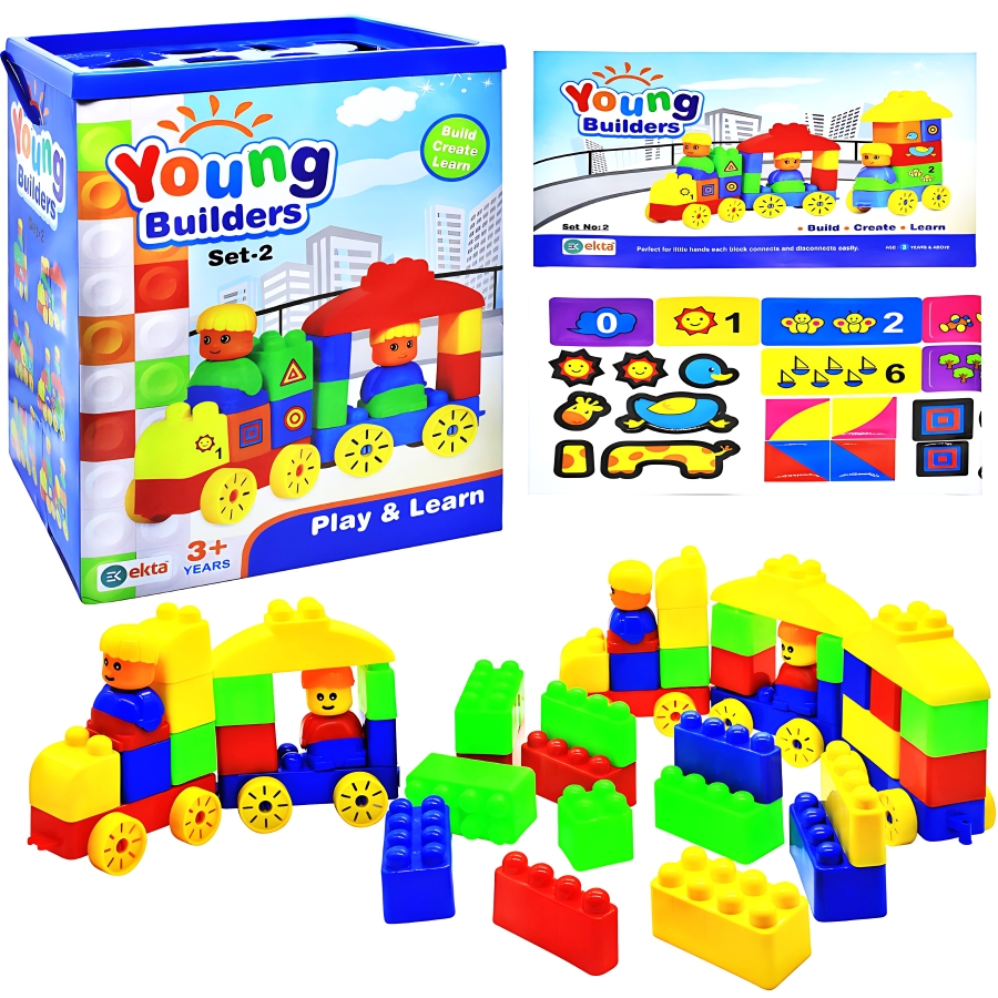 Ekta Young Builders Set 2 – 62 Large Interlocking Building Blocks – Educational STEM Toy for Toddlers – Includes Multi-Shape Blocks for Creative Model Building – Ages 3+ Years