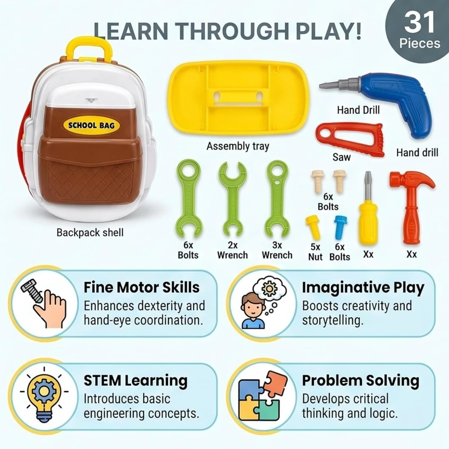 Mamma Mia 31 Pcs Tool Kit School Bag Toy – Kids Convertible Pretend Mechanic Backpack with Toy Wrench & Hammer (Ages 3+)