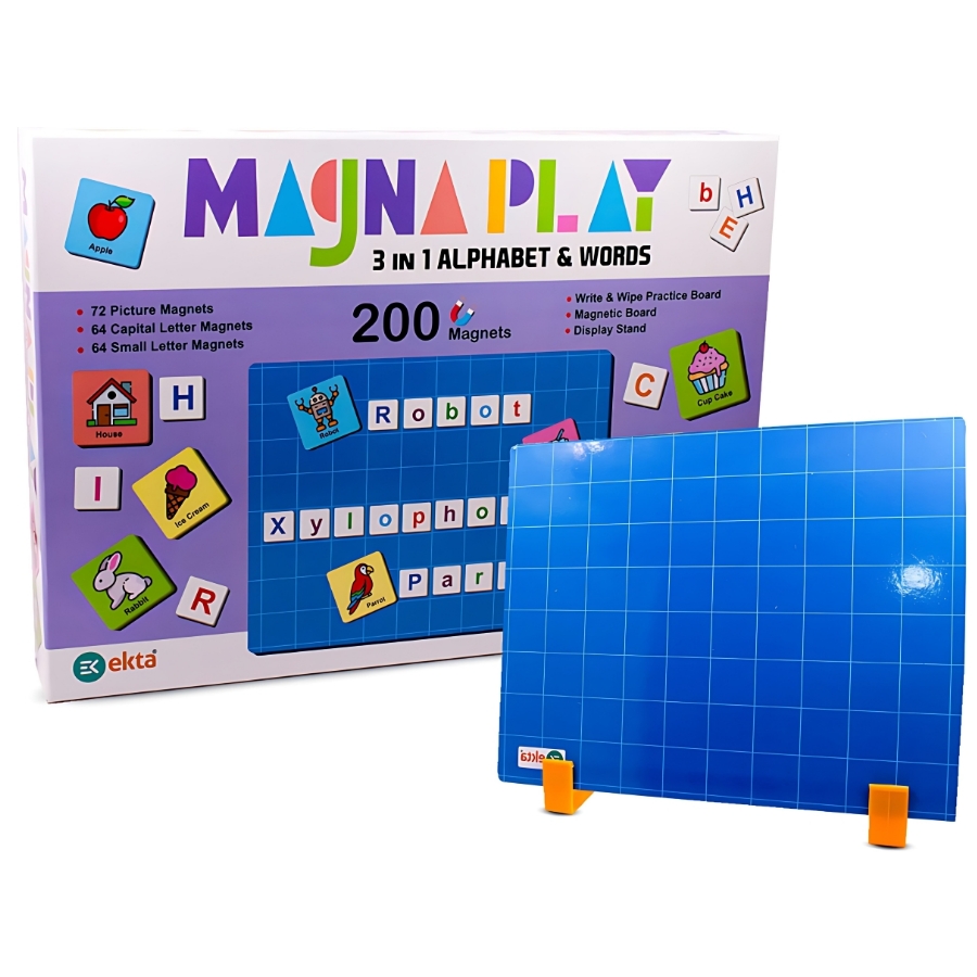 Ekta Magna Play 3-in-1 Alphabet & Words Learning Kit – 200 Magnetic Pieces with Double-Sided Board – Write & Wipe Educational Toy for Spelling & Vocabulary – Includes Display Stand – Ages 6+
