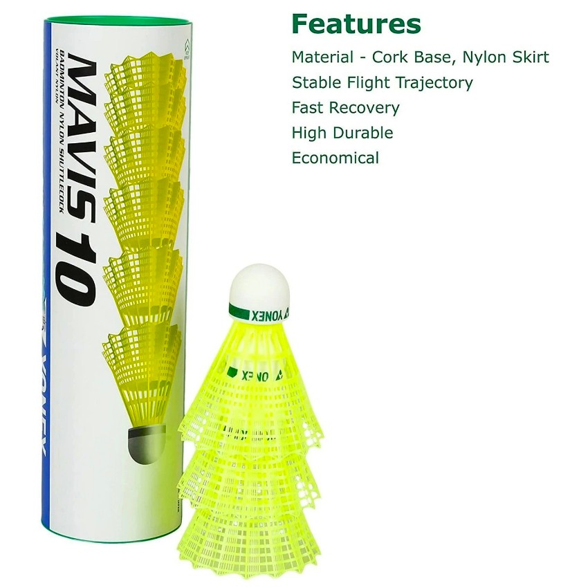 Yonex Mavis 10 Nylon Shuttlecock (Pack of 6) – Durable Training Birdies with Feather-Like Flight Performance – Medium Speed – Reliable Stability for Beginners