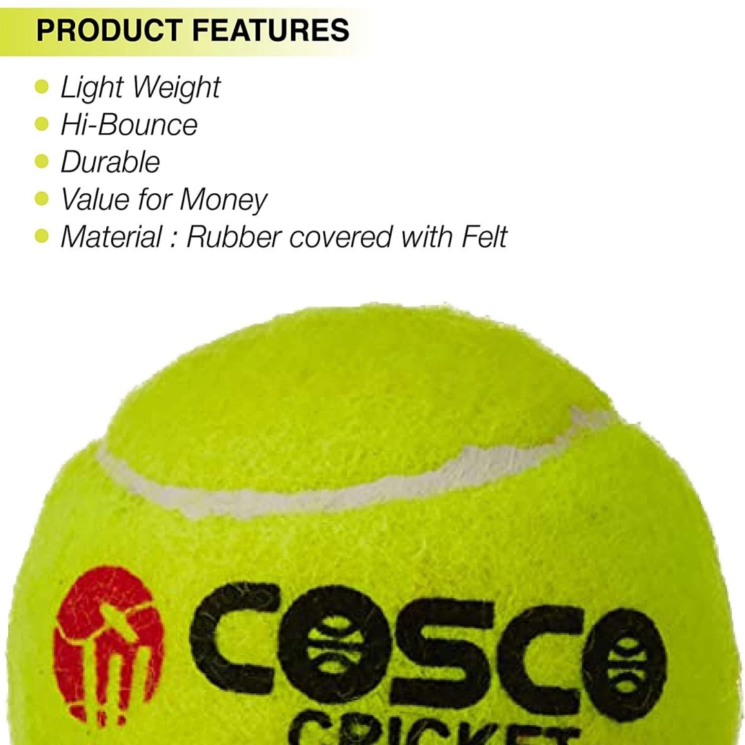 Cosco Cricket Tennis Light Weight Balls – Pack of 6 – Innovative Pressure-less Technology for Long Lasting Play – High Bounce 75g Alloy Metal Core – Durable Felt Surface – Fluorescent Yellow/Green