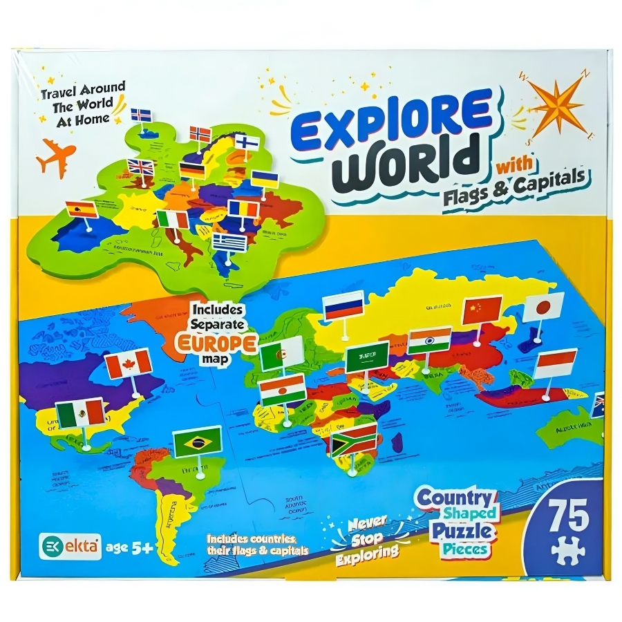 Ekta Explore the World Map Puzzle - 3-in-1 Educational Activity Set (Puzzle, Flags & Capitals) - Improves Global Awareness & Fine Motor Skills - Durable Foam Pieces with Separate Europe Map - Perfect School Project Tool