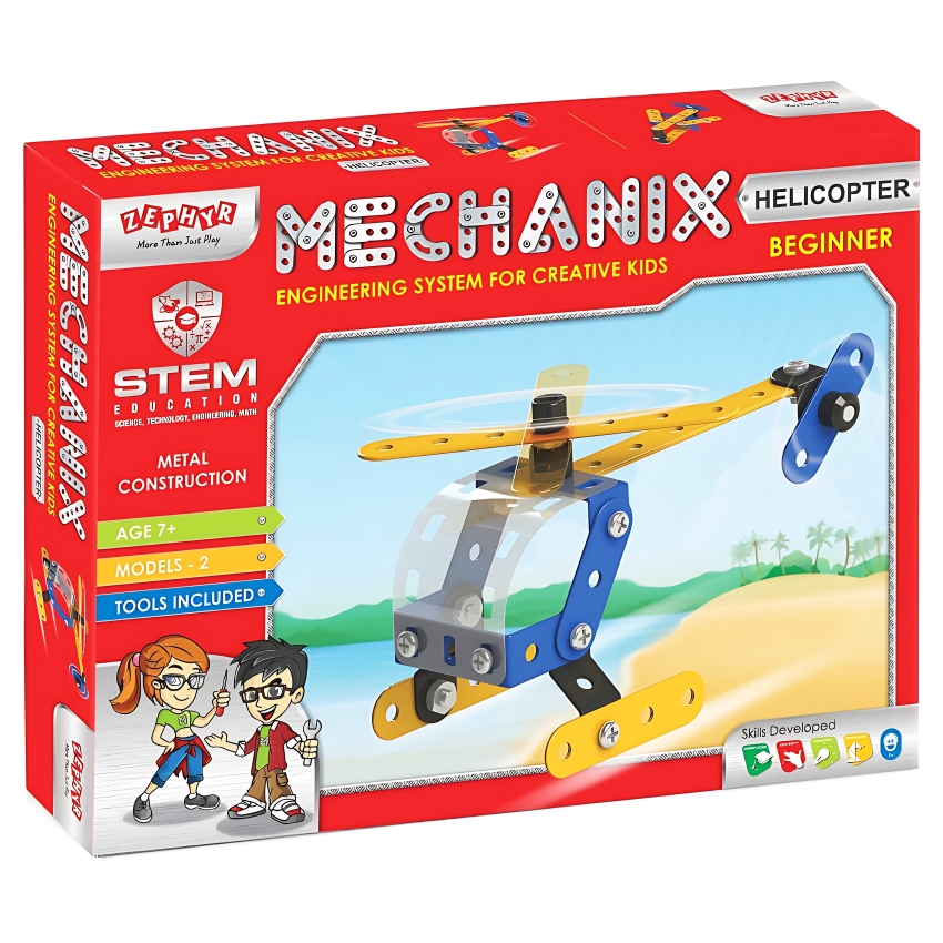 Zephyr Mechanix Beginner Helicopter STEM Building Set – 2-in-1 Metal Construction Toy for Kids Ages 7+ – Introductory Engineering Kit – Builds Helicopter & Plane Models