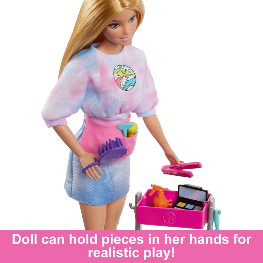 Barbie Malibu Stylist Doll Playset - 15 Pieces Total - Professional Hair & Makeup Salon Theme with Vanity Cart, Pet Puppy & Beauty Tools - Creative Career Toy for Kids Ages 3+