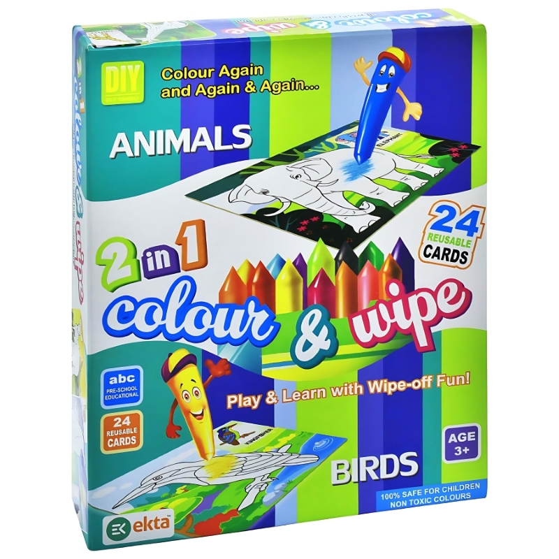 Ekta Colour & Wipe Animals And Birds – 24 Reusable Cards with Crayons & Duster – Educational Preschool Learning Kit – Non-Toxic Mess-Free Sensory Toy – Picture-Word Recognition Game for Kids Ages 3+